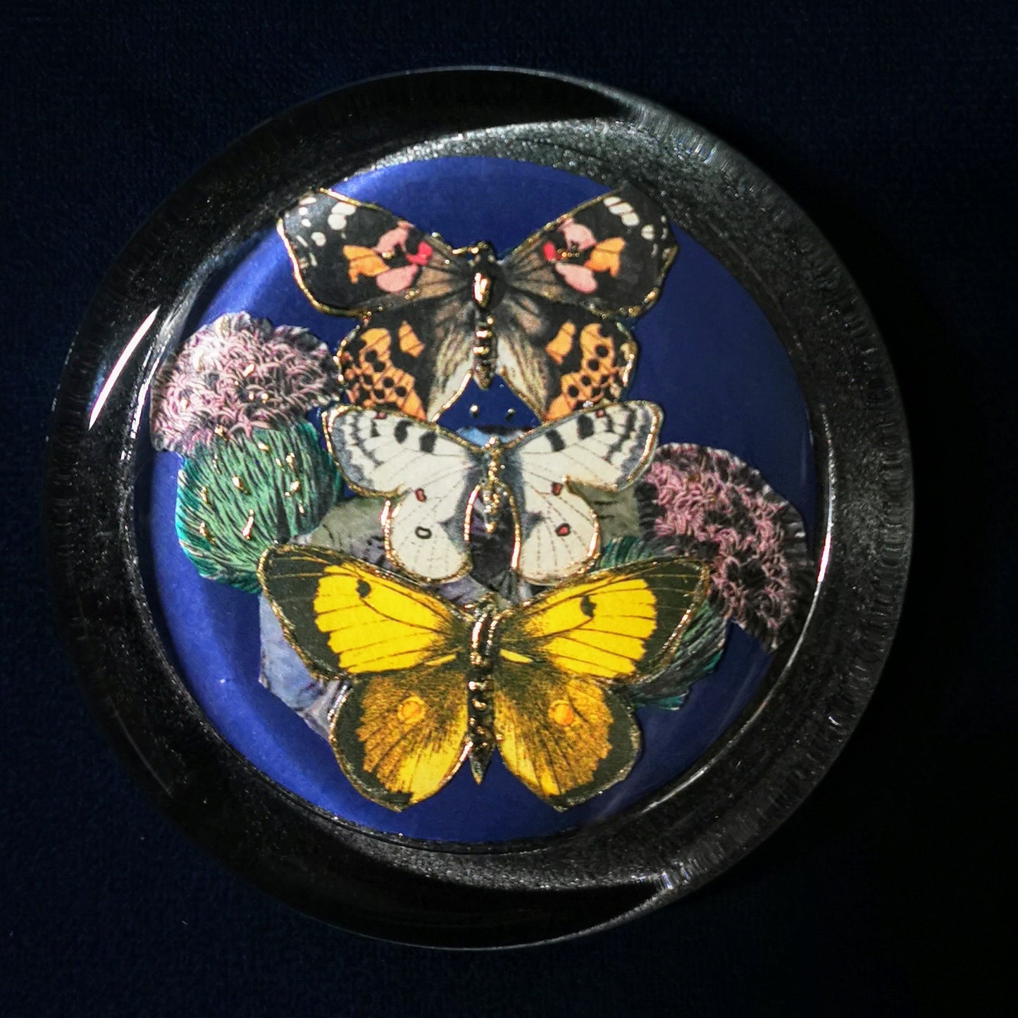 Large Glass Butterfly Decoupage Blue Paperweight