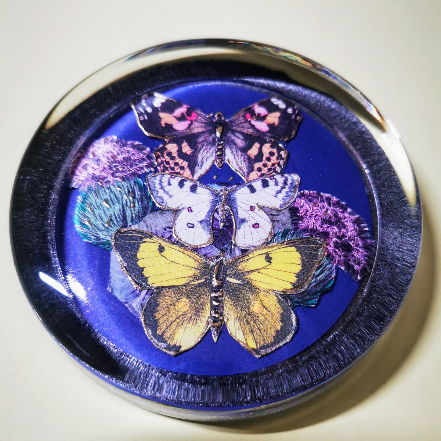 Large Glass Butterfly Decoupage Blue Paperweight