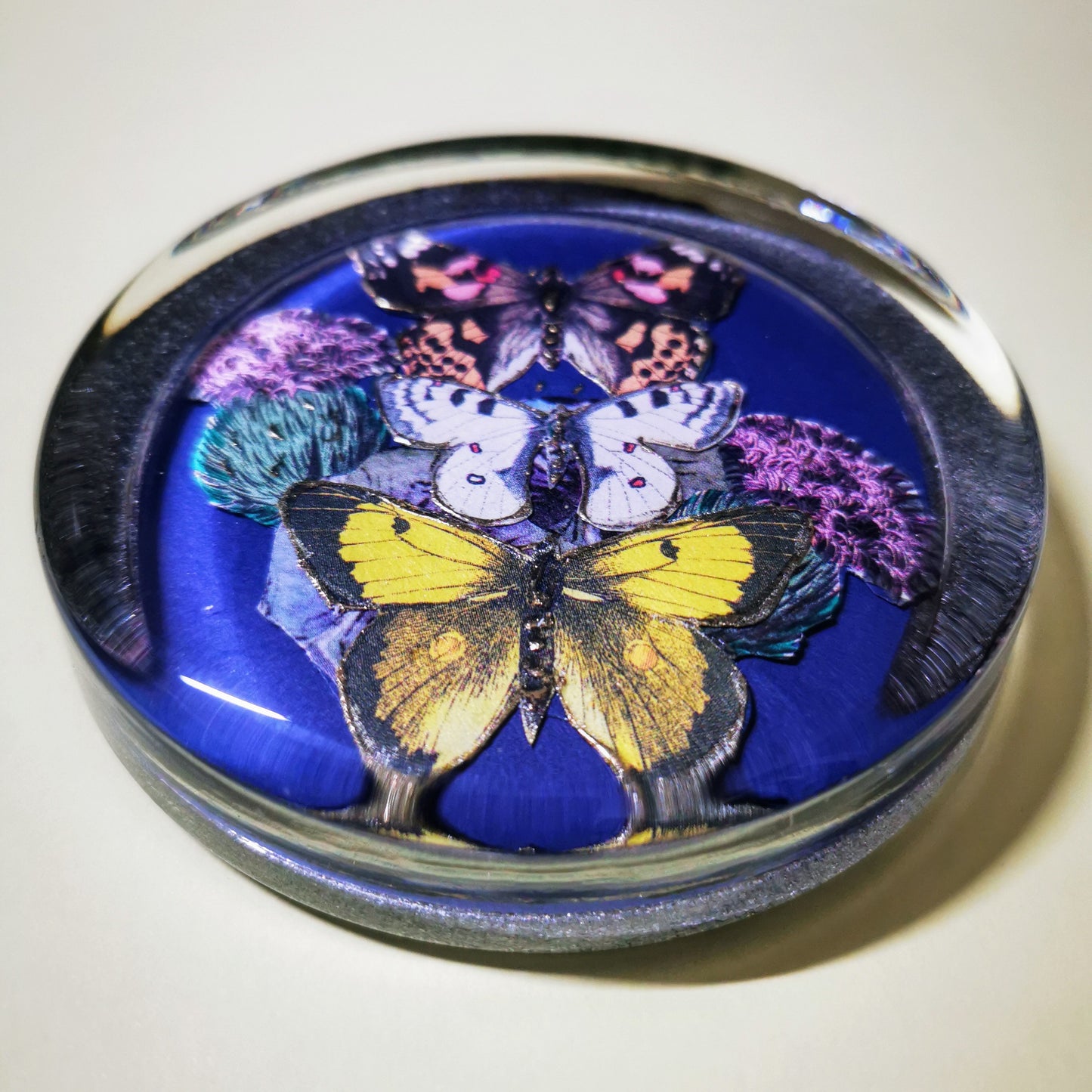 Large Glass Butterfly Decoupage Blue Paperweight