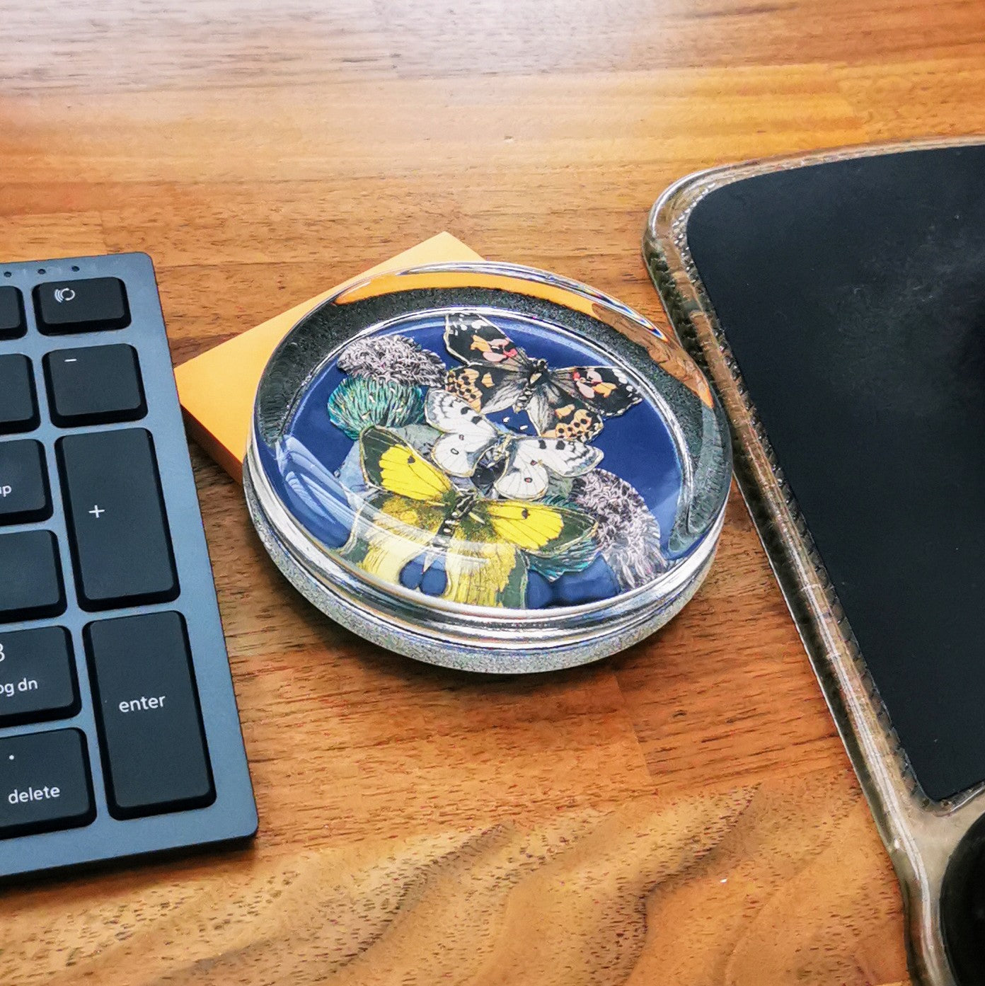 Large Glass Butterfly Decoupage Blue Paperweight
