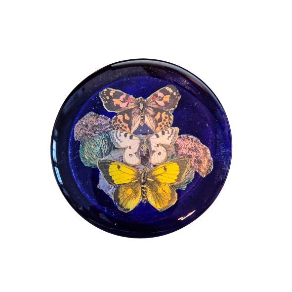 Large Glass Butterfly Decoupage Blue Paperweight