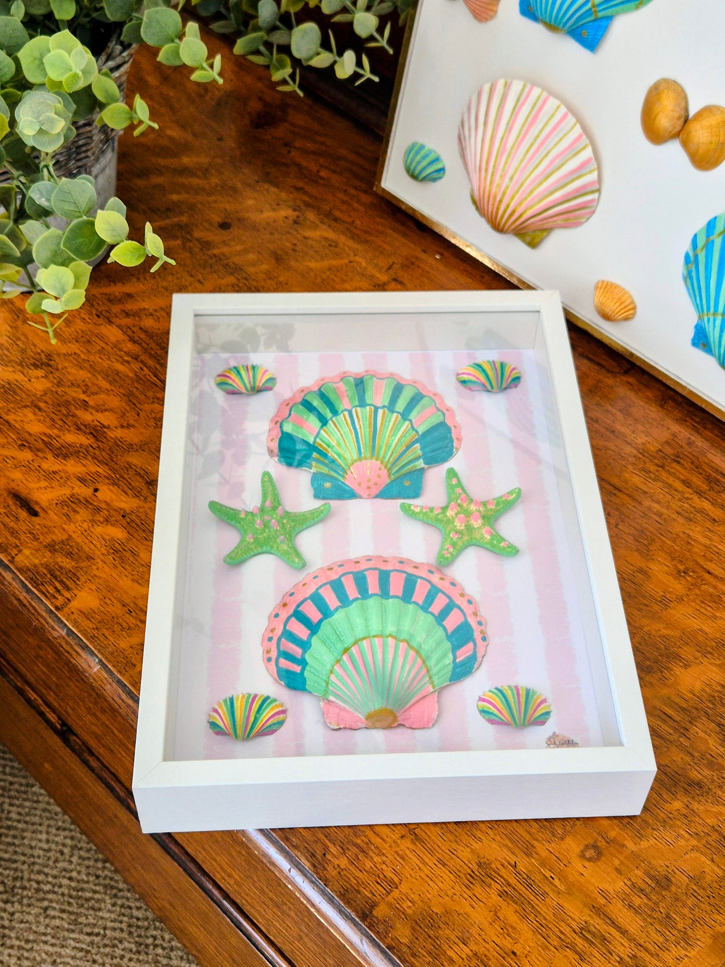 Full view of Candy Beach Days original shell art with candy pink stripe background and ice cream coloured shells