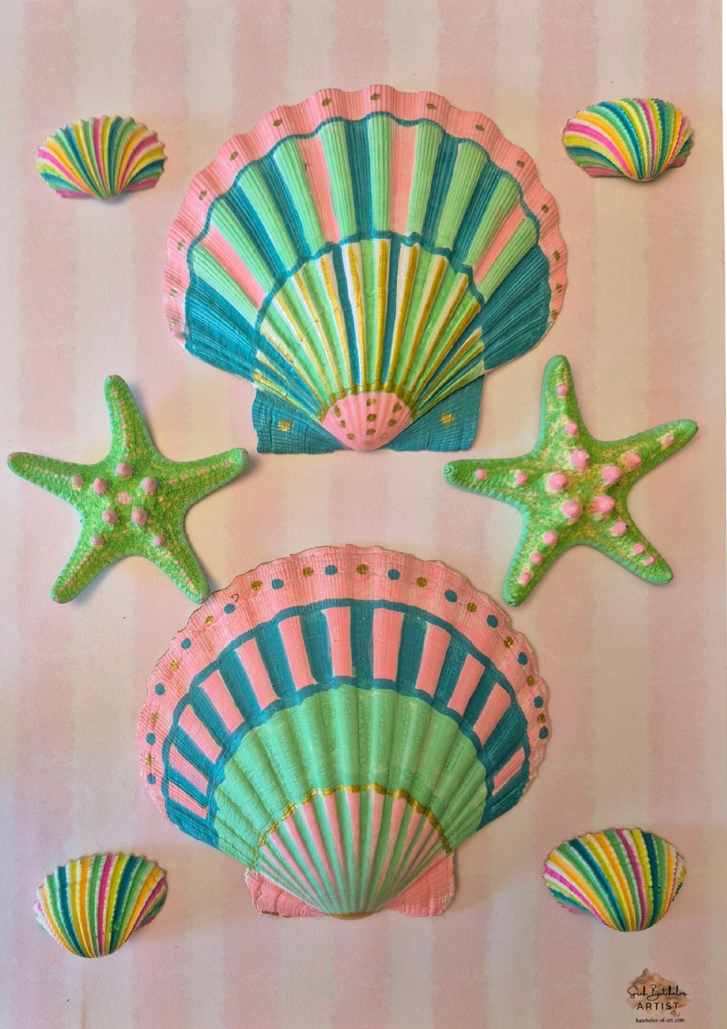 hand-painted scallop shells and starfish on a candy pink stripe background