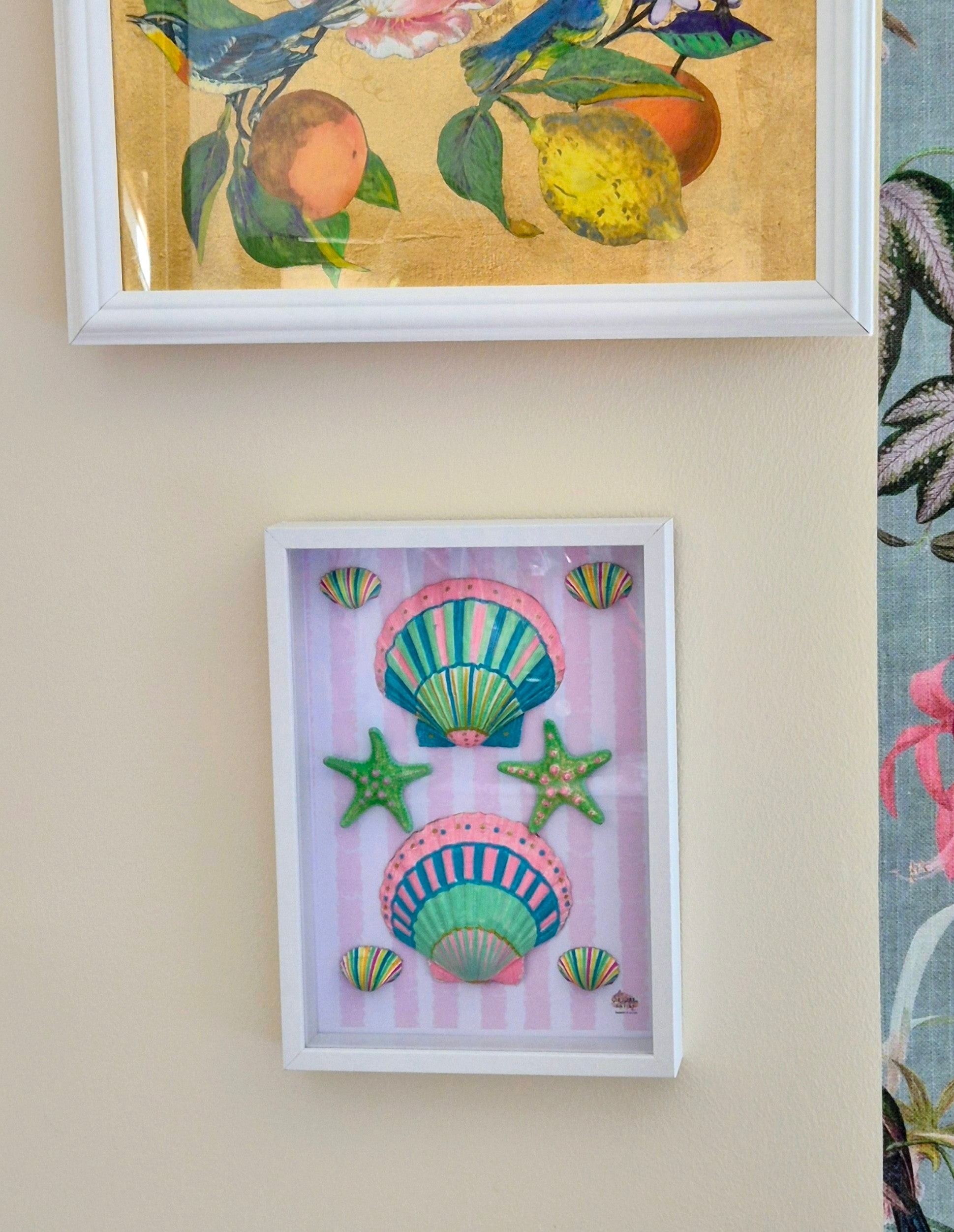 Detail of hand-painted scallop shells in