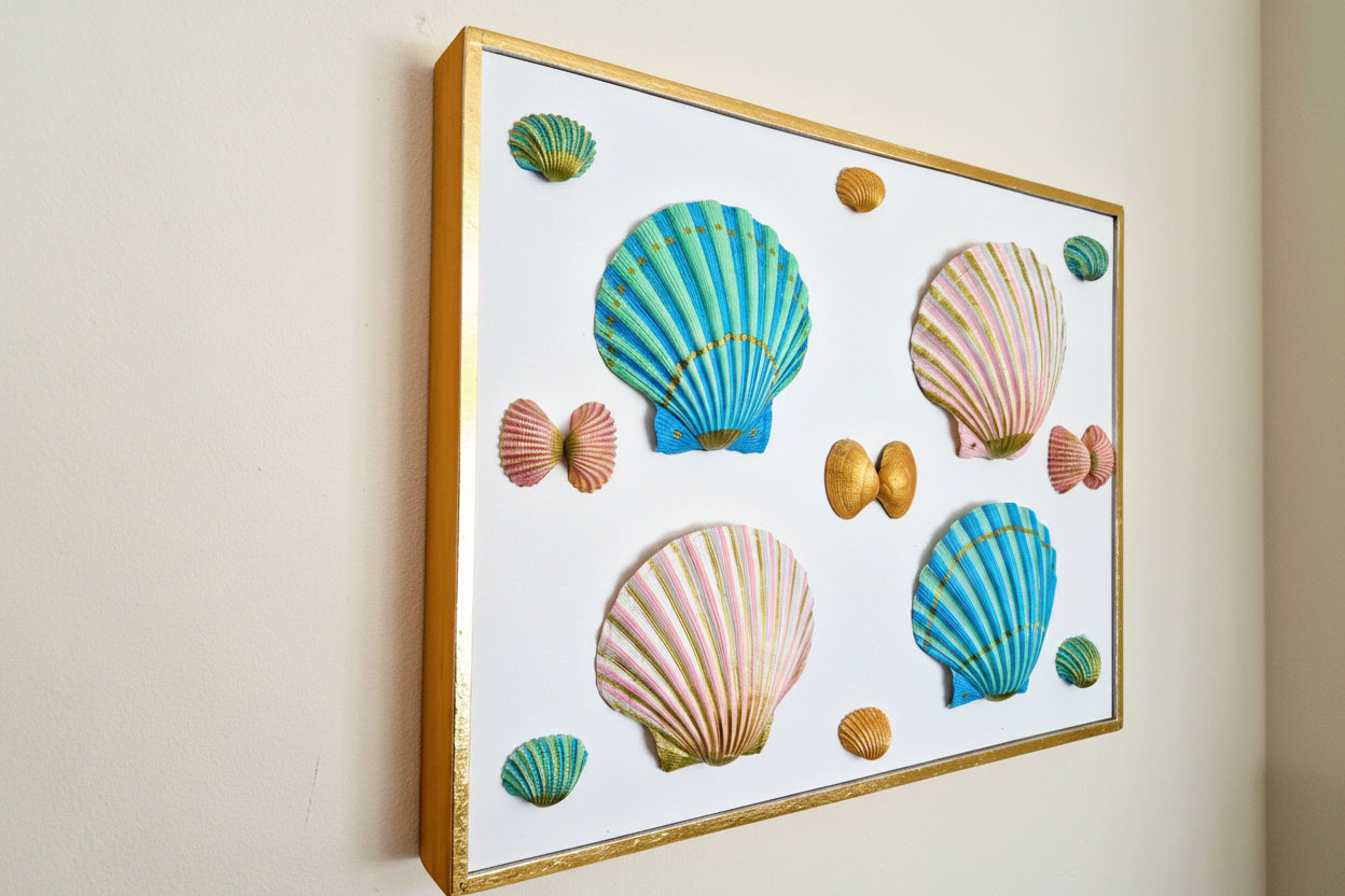 Framed artwork with colorful seashell designs on a white background
